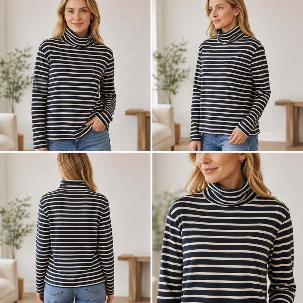 J Crew Womens L Black Ivory Stripe Long Sleeve Turtleneck Top
